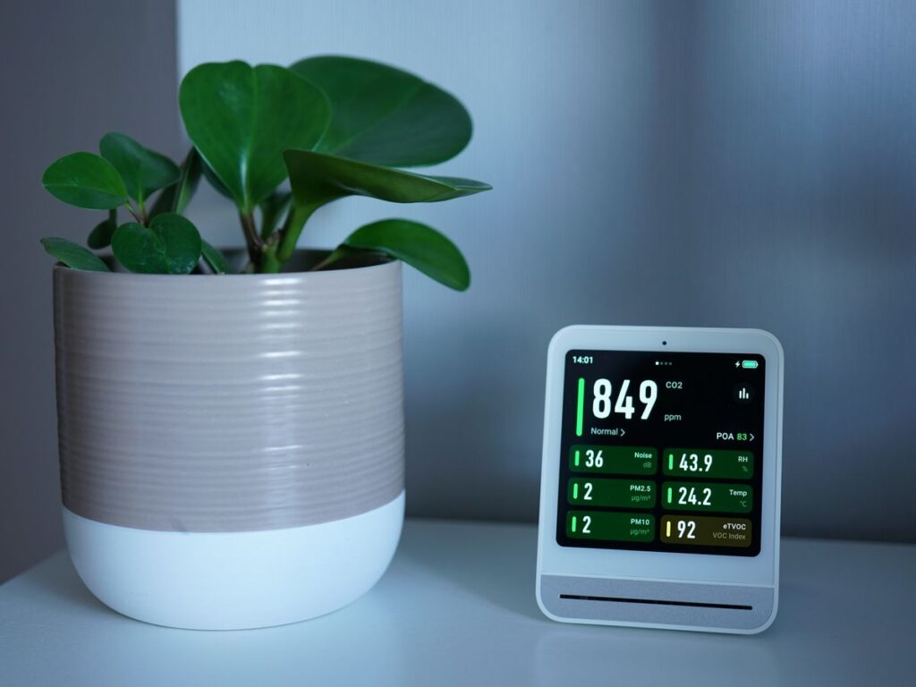 Indoor air quality monitor displaying CO2 and humidity readings