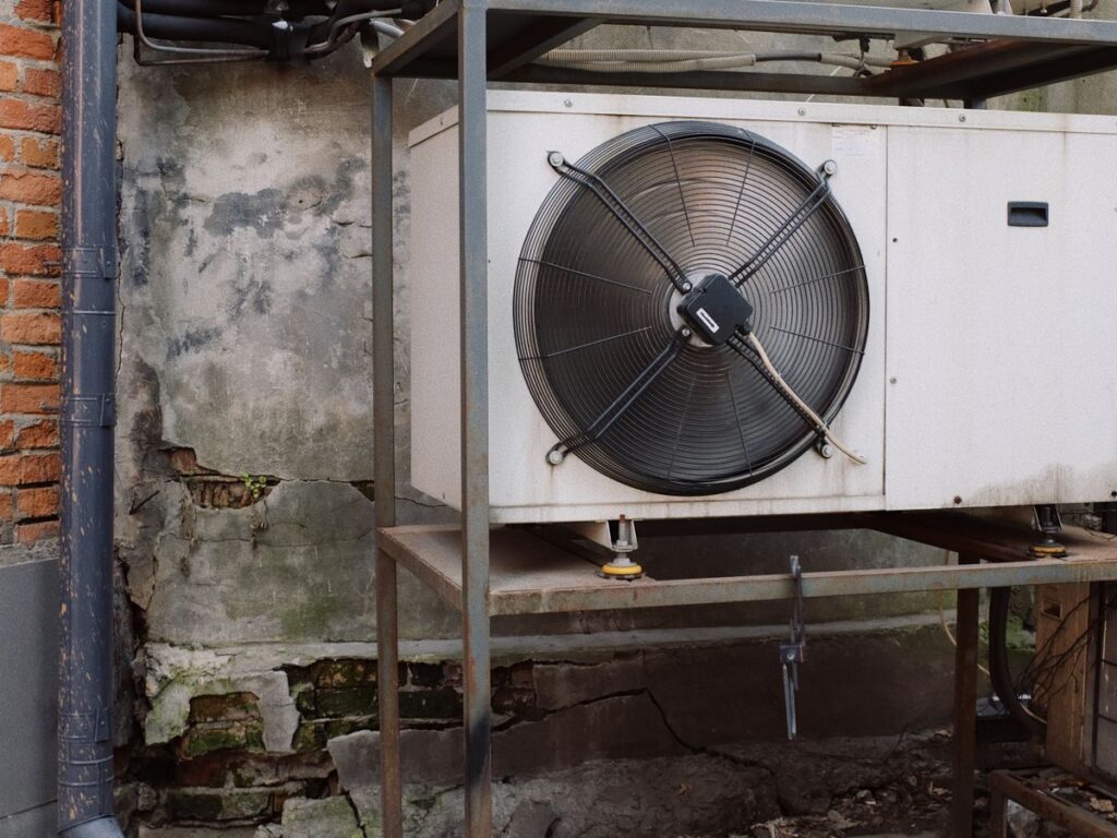 Outdoor air conditioning units installed on a metal mounting frame
